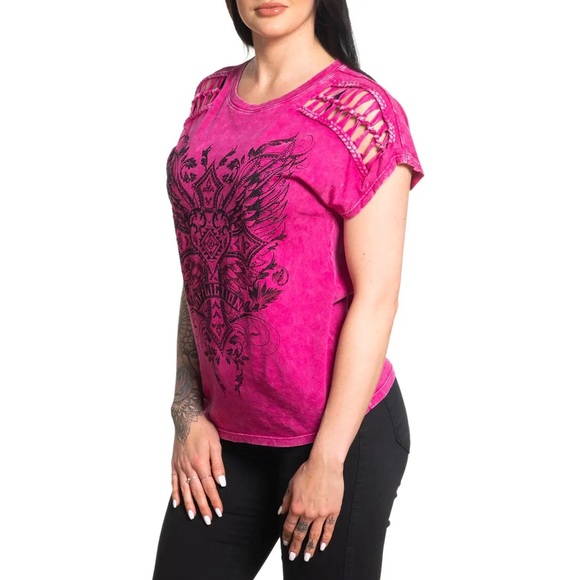 T-shirt Donna Affliction Ac Costruita Per Tatuaggio Speed Biker Y2K - Foto 5